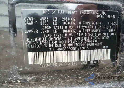 2011 Subaru Outback 2.5I from USA, damaged, VIN 4S4BRCAC0B1317875